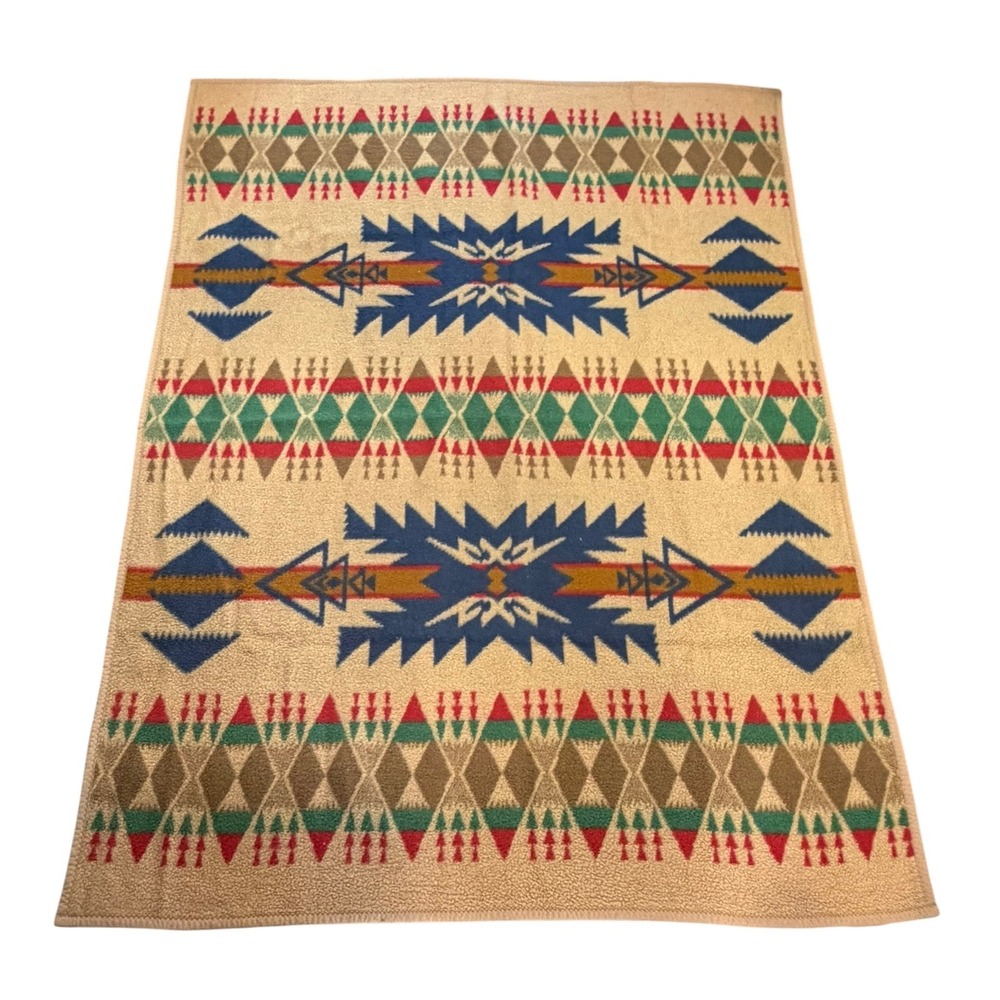 Vtg Biederlack Blanket Southwestern Aztec Tribal Geometric Fleece Throw Germany